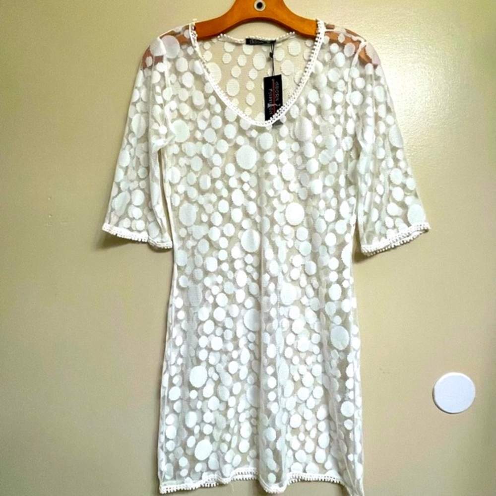 ADORN Women’s Dot Mesh Eyelet Lace Overlay Swimsuit Cover Up Tunic Top NWT